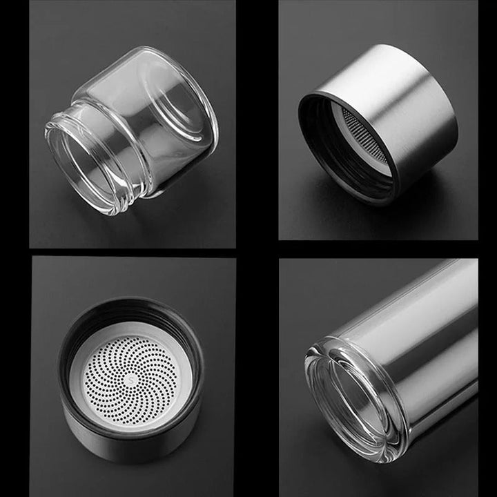 Thermal bottle with tea filter – Glass & Wood – Double-walled – 500 ml – ClearTherm | Bowlift
