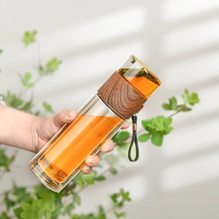 BowLift | Thermos Bottle with Tea Filter – Glass & Wood – Double-Walled – 500 ml – ClearTherm