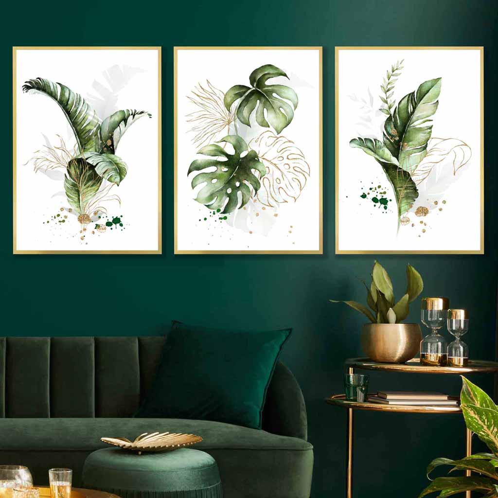 Botanical set of 3 green and golden floral wall art prints | Bowlift