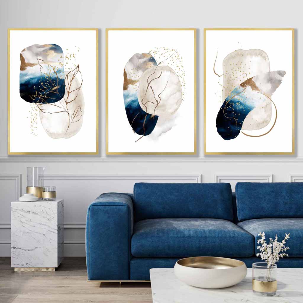 Abstract Textured Navy Blue, Ivory and Gold Set of 3 Wall Art Prints | Bowlift