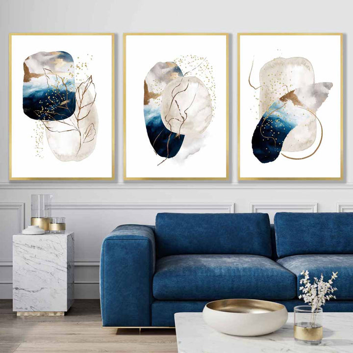 Abstract Textured Navy Blue, Ivory and Gold Set of 3 Wall Art Prints | Bowlift