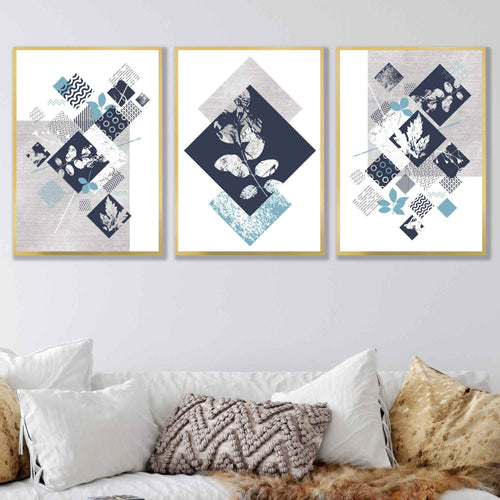 BOTANICAL Set of 3 abstract geometric navy blue and aqua colored flower prints | Bowlift