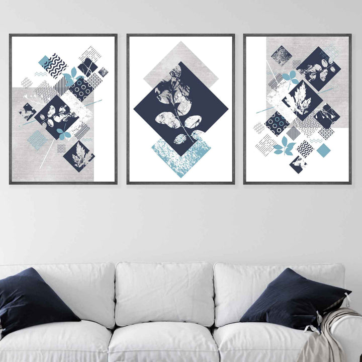 BOTANICAL Set of 3 abstract geometric navy blue and aqua colored flower prints | Bowlift