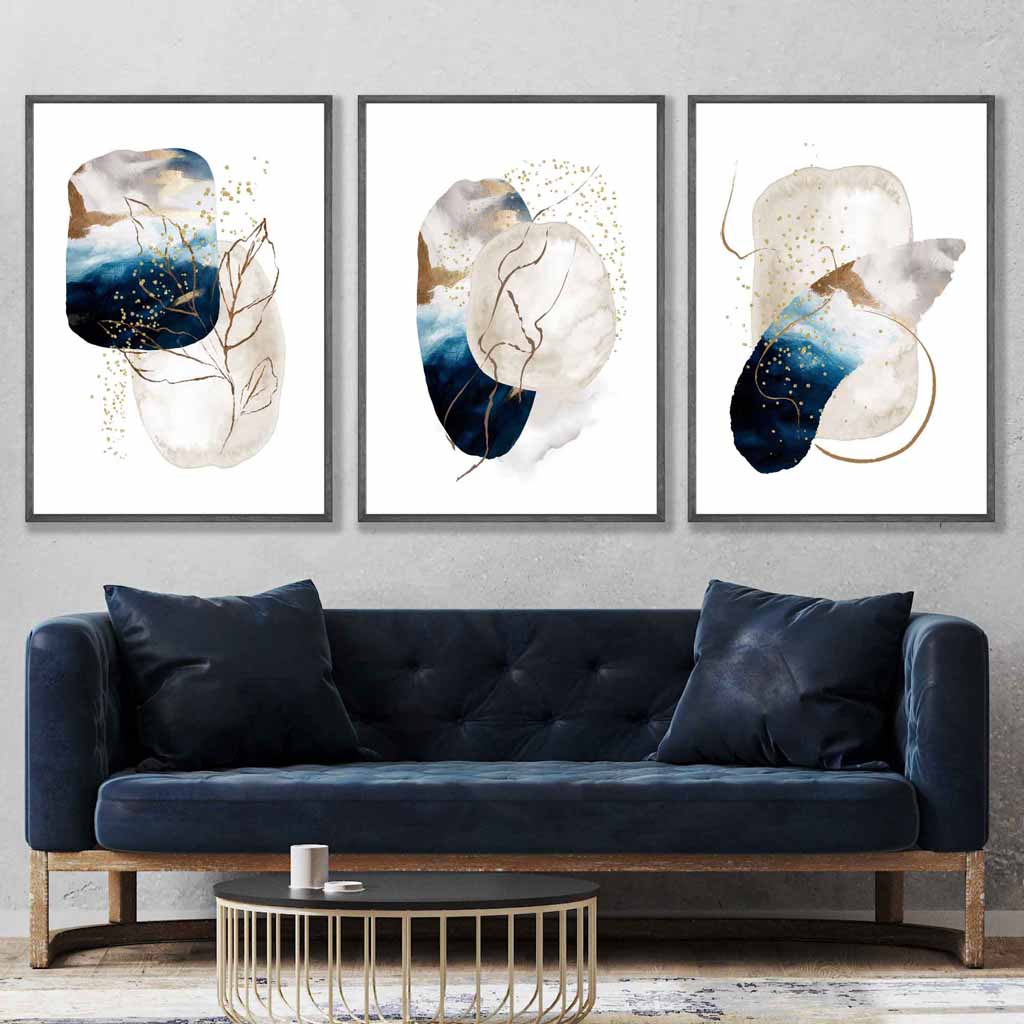 Abstract Textured Navy Blue, Ivory and Gold Set of 3 Wall Art Prints | Bowlift