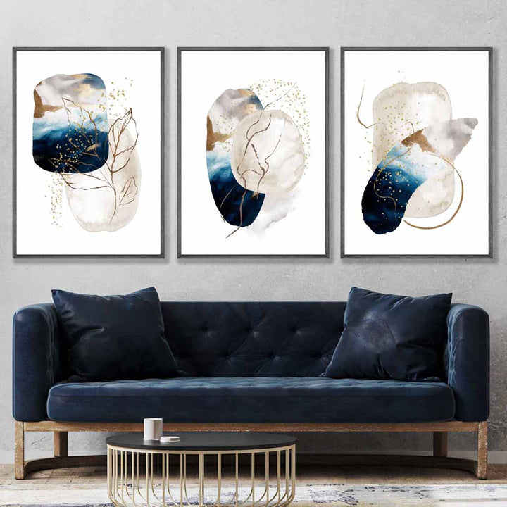 Abstract Textured Navy Blue, Ivory and Gold Set of 3 Wall Art Prints | Bowlift