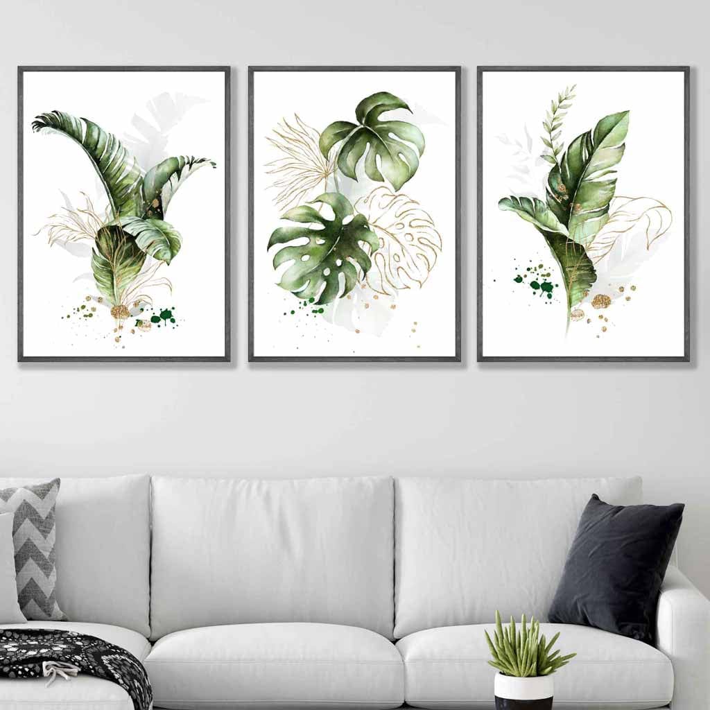 Botanical set of 3 green and golden floral wall art prints | Bowlift