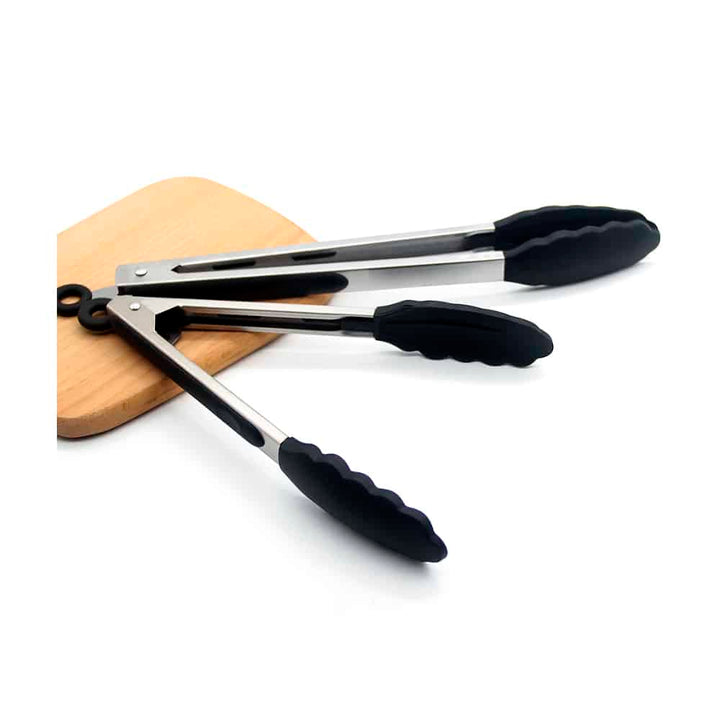 Silicone and stainless steel grill tongs - 23/30 cm - White / Black | Bowlift