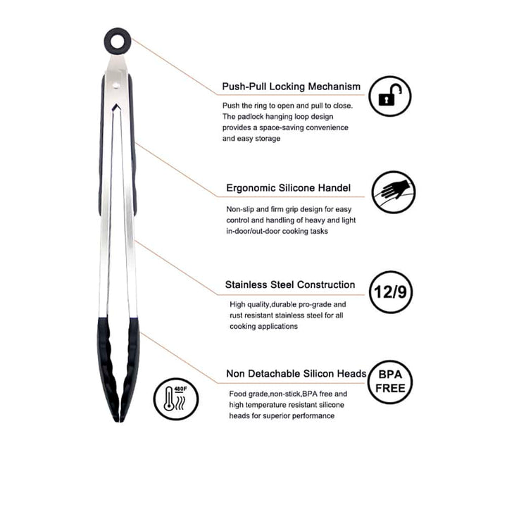 Silicone and stainless steel grill tongs - 23/30 cm - White / Black | Bowlift
