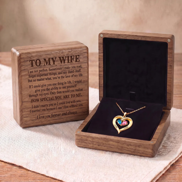 Forever Yours - Birthstone Heart Necklace & Engraved Walnut Box
