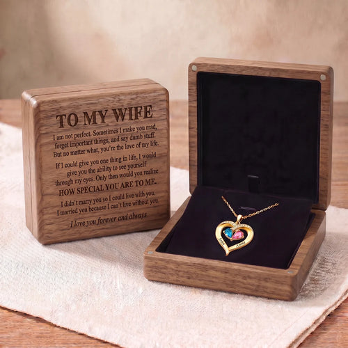 Forever Yours - Birthstone Heart Necklace & Engraved Walnut Box