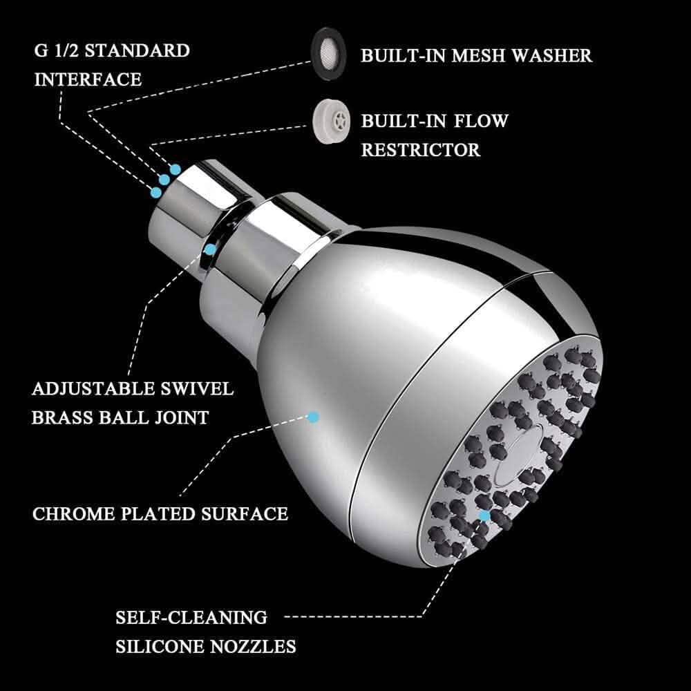 BowLift | High Pressure Showerhead 3" Anti-Clog Anti-Leak Fixed with Adjustable Swivel Ball Joint Made of Brass