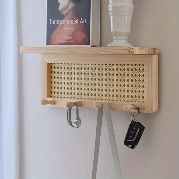 BowLift | Rustic Wooden Wall Shelf with 4 Hooks