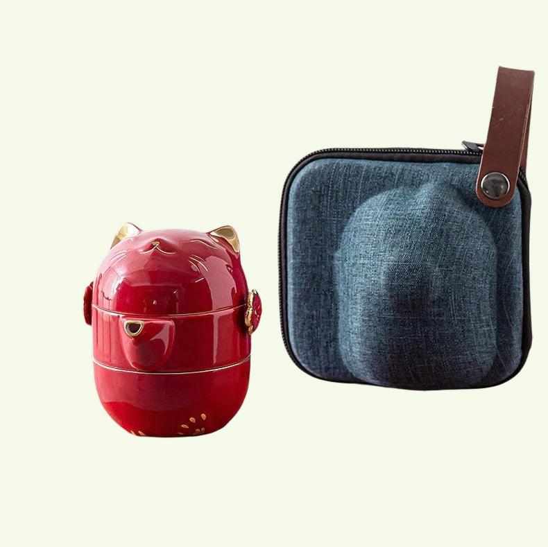 BowLift | Ceramic-Lucky-Cat-Kuai-Ke-Cup – Porcelain tea cup with strainer, filter and lid, portable tea/coffee cup set for office, travel, tea ware