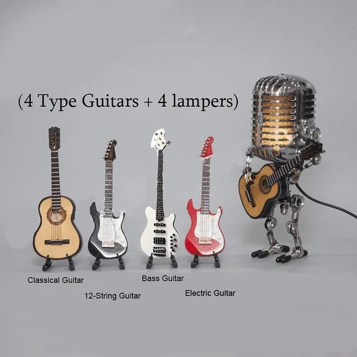 BowLift | Industrial Style Robot Lamp with Guitar and Vintage Microphone Design