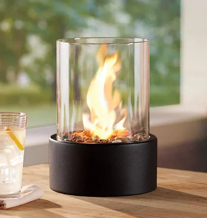 BowLift | Table lantern FlammaLume | Portable decorative fire lamp | Modern design & flame effect | For indoor & outdoor | Round made of steel & glass