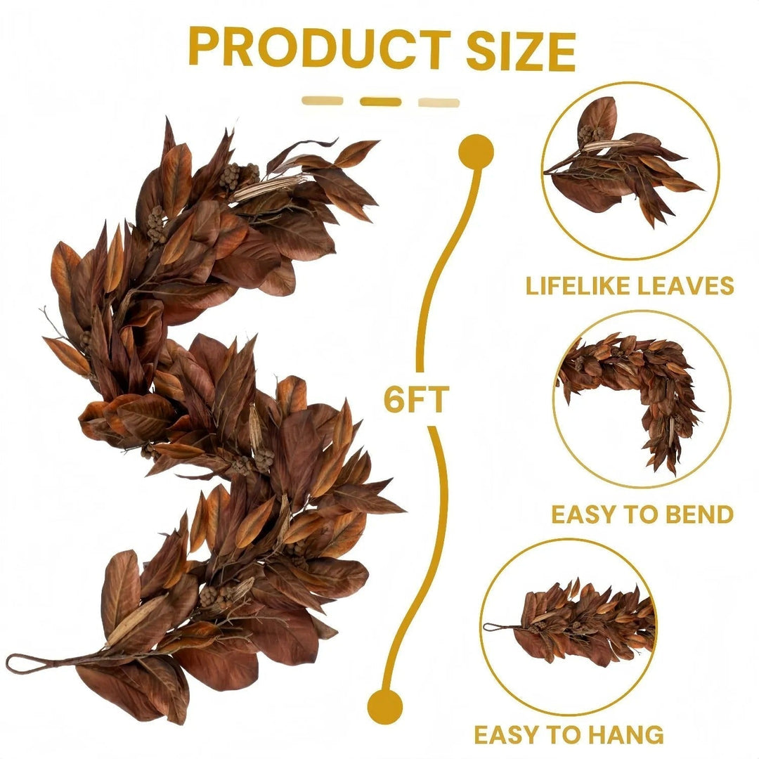 BowLift | Brown Magnolia Leaf Garland – realistic autumn decoration for interiors and covered outdoor areas