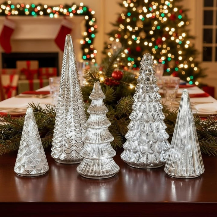 BowLift | GlansPine LED Pine Set – 5-piece Silver Christmas Decoration with Warm Light