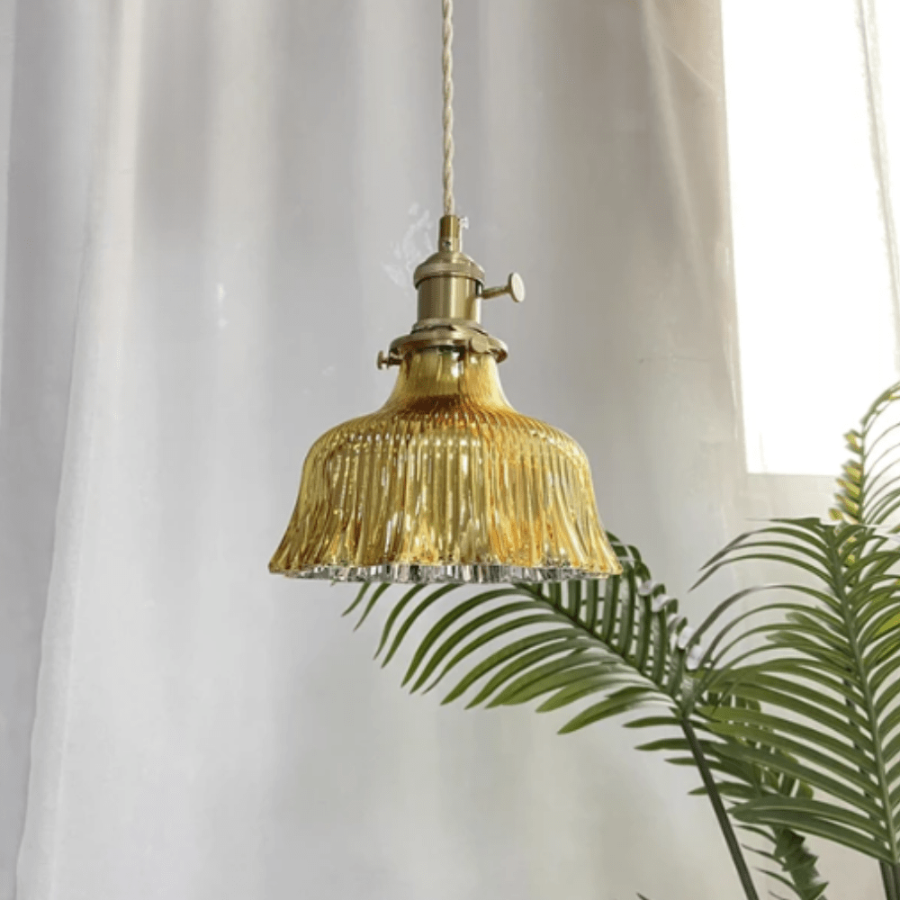 Vintage Scandinavian Glass Pendant Lamp | Retro Design with Copper and Walnut Finish for Dining Room and Bedroom | Bowlift