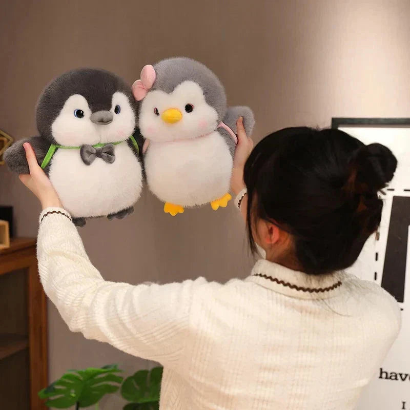 BowLift | Fluffy Gray Penguin Plushie with Turtle Backpack