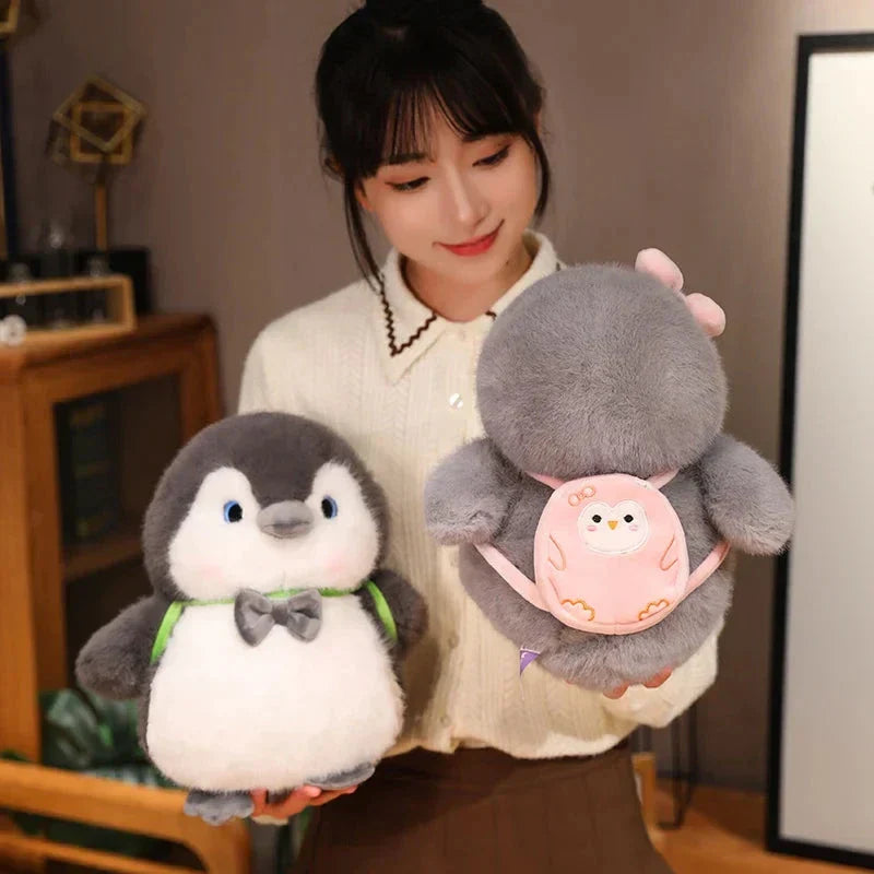 BowLift | Fluffy Gray Penguin Plushie with Turtle Backpack