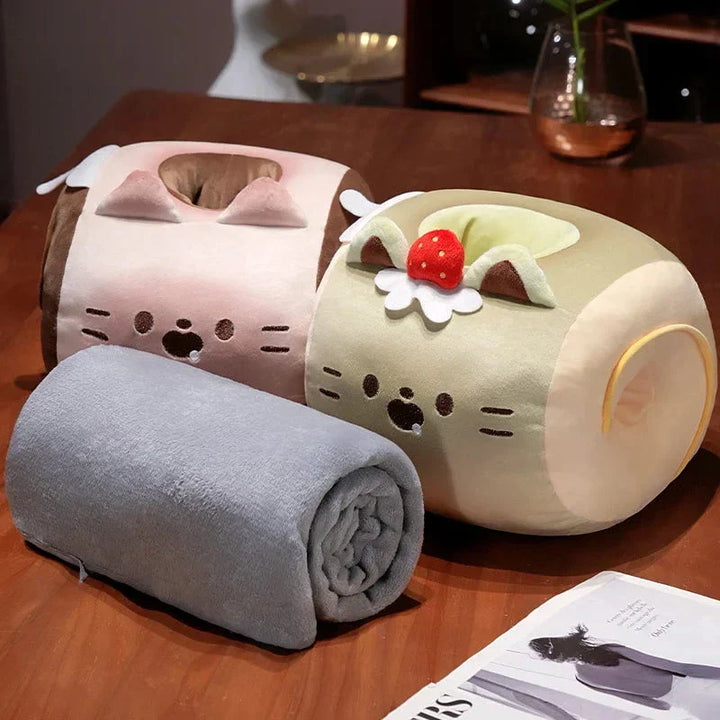 BowLift | Soft Cat Swiss Roll Cake Handwarmer Plush with Blanket