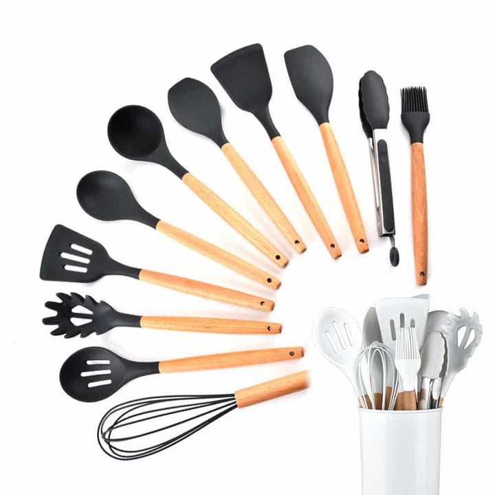Kitchen set with 11 pieces in wood / silicone including holder (black or white) | Bowlift