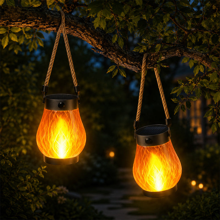 Solar Lantern Ø12 cm with Flame Effect Light and Hemp Rope | Bowlift