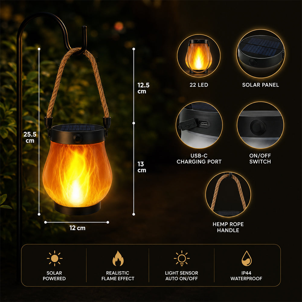 Solar Lantern Ø12 cm with Flame Effect Light and Hemp Rope | Bowlift