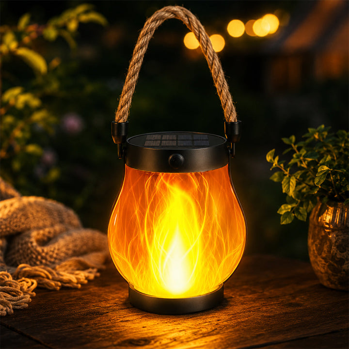 Solar Lantern Ø12 cm with Flame Effect Light and Hemp Rope | Bowlift
