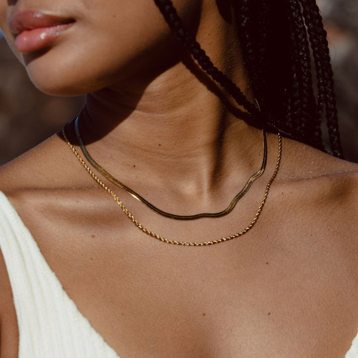 BowLift | Women’s Layered Necklace | Gold Herringbone Choker & Rope Chain | Waterproof
