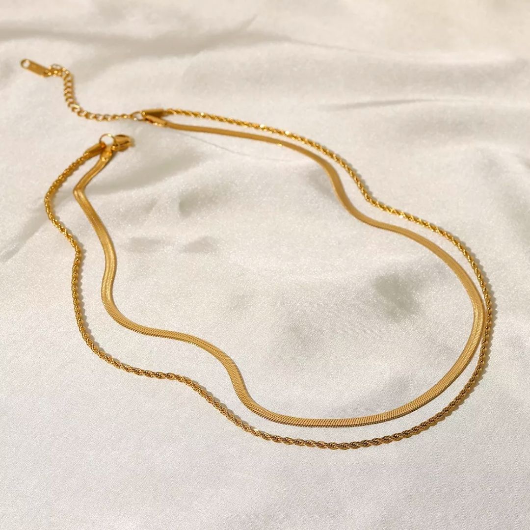 BowLift | Women’s Layered Necklace | Gold Herringbone Choker & Rope Chain | Waterproof