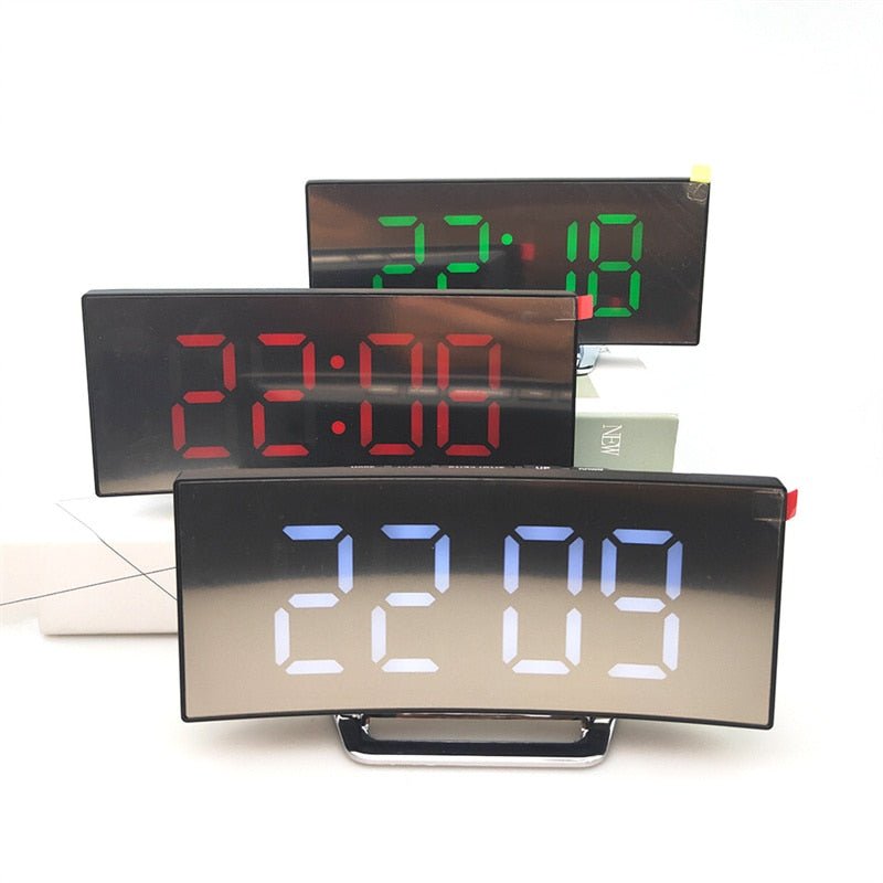 BowLift | LED Digital Alarm Clock – Curved Mirror Display, Table Clock with Snooze Function, Electronic Table Display, Bedroom and Living Room Decor