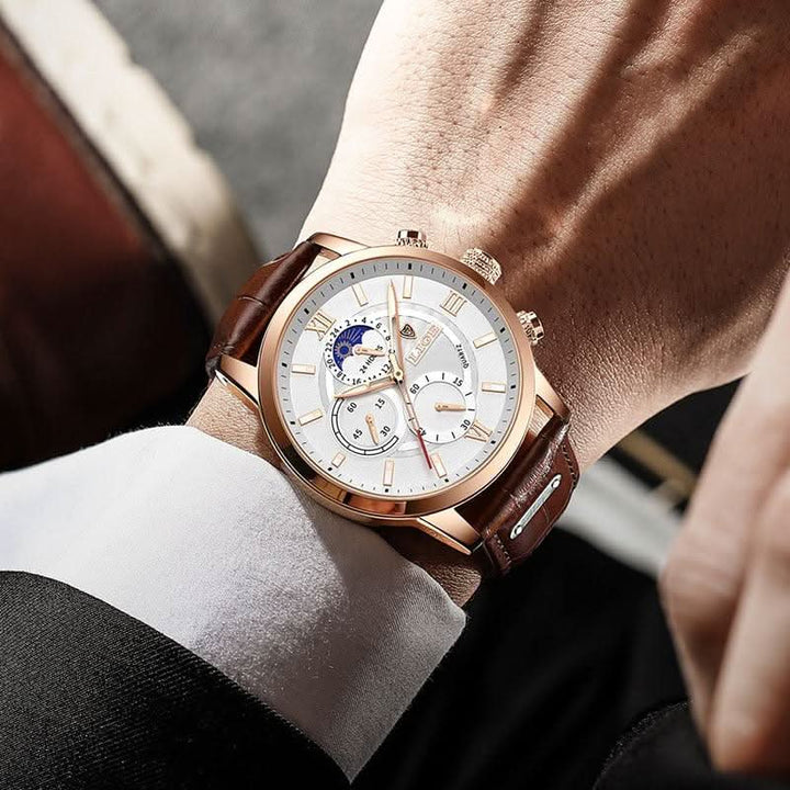 BowLift | Men’s Stainless Steel Leather Strap Watch with Date