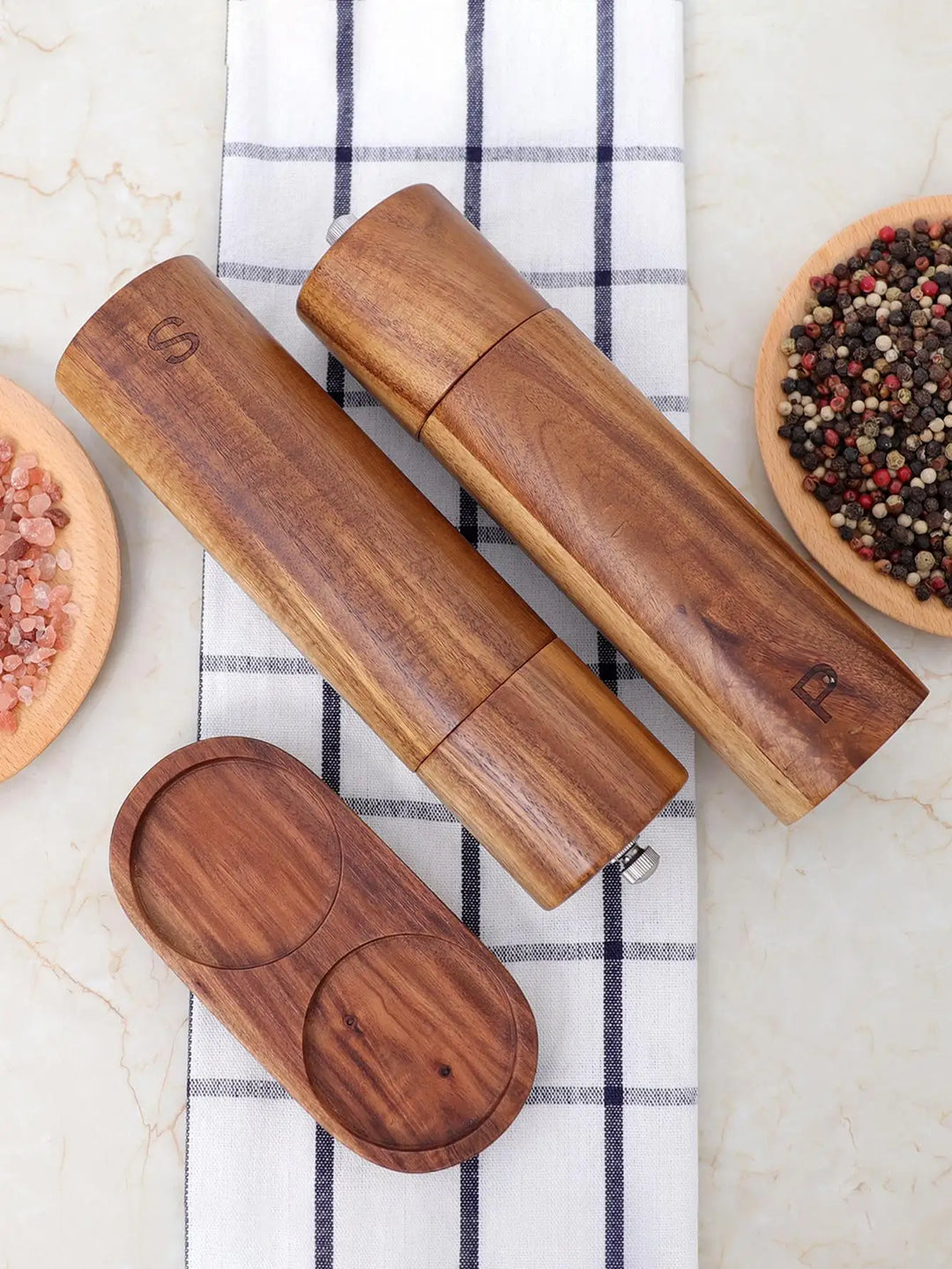 BowLift | Luxe Wooden Salt & Pepper Grinder Set with Tray - WoodSpice