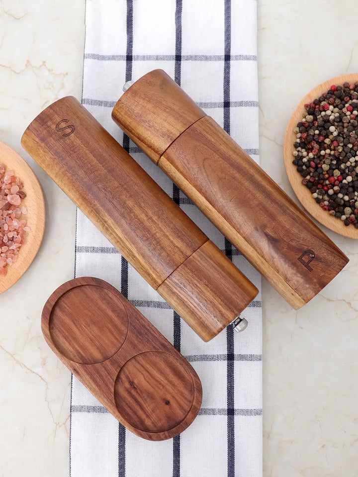 BowLift | Luxe Wooden Salt & Pepper Grinder Set with Tray - WoodSpice