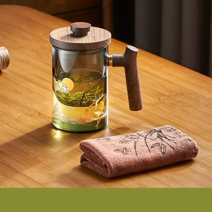 Glass tea cup with wooden handle - Heat resistant & with tea strainer | Ideal for home | Bowlift