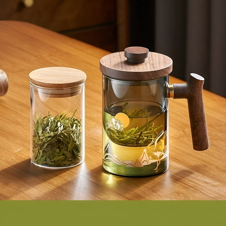Glass tea cup with wooden handle - Heat resistant & with tea strainer | Ideal for home | Bowlift