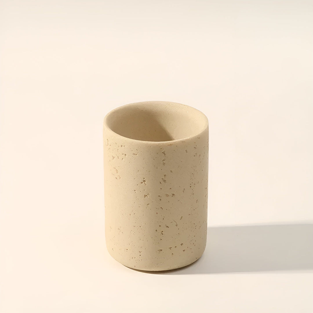 Natural stone toothbrush holder – with soap dispenser and shelf | Elegant bathroom accessories made of travertine | Bowlift