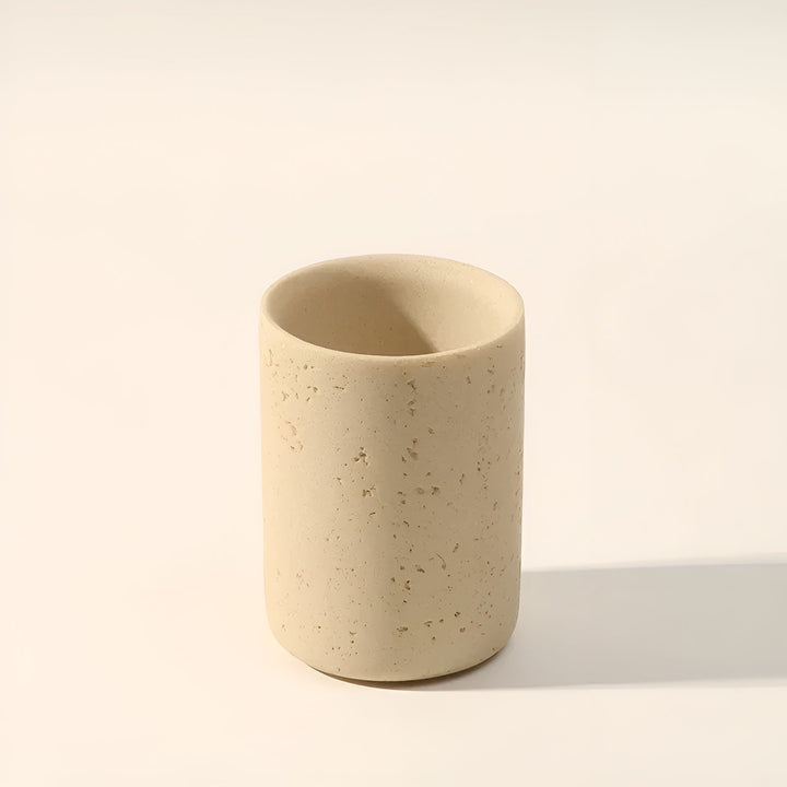 Natural stone toothbrush holder – with soap dispenser and shelf | Elegant bathroom accessories made of travertine | Bowlift