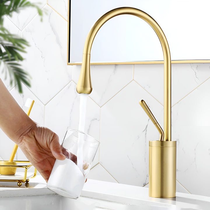 Washbasin tap in brushed look – countertop tap, hot-cold mixer, brass fitting for the living area | Bowlift
