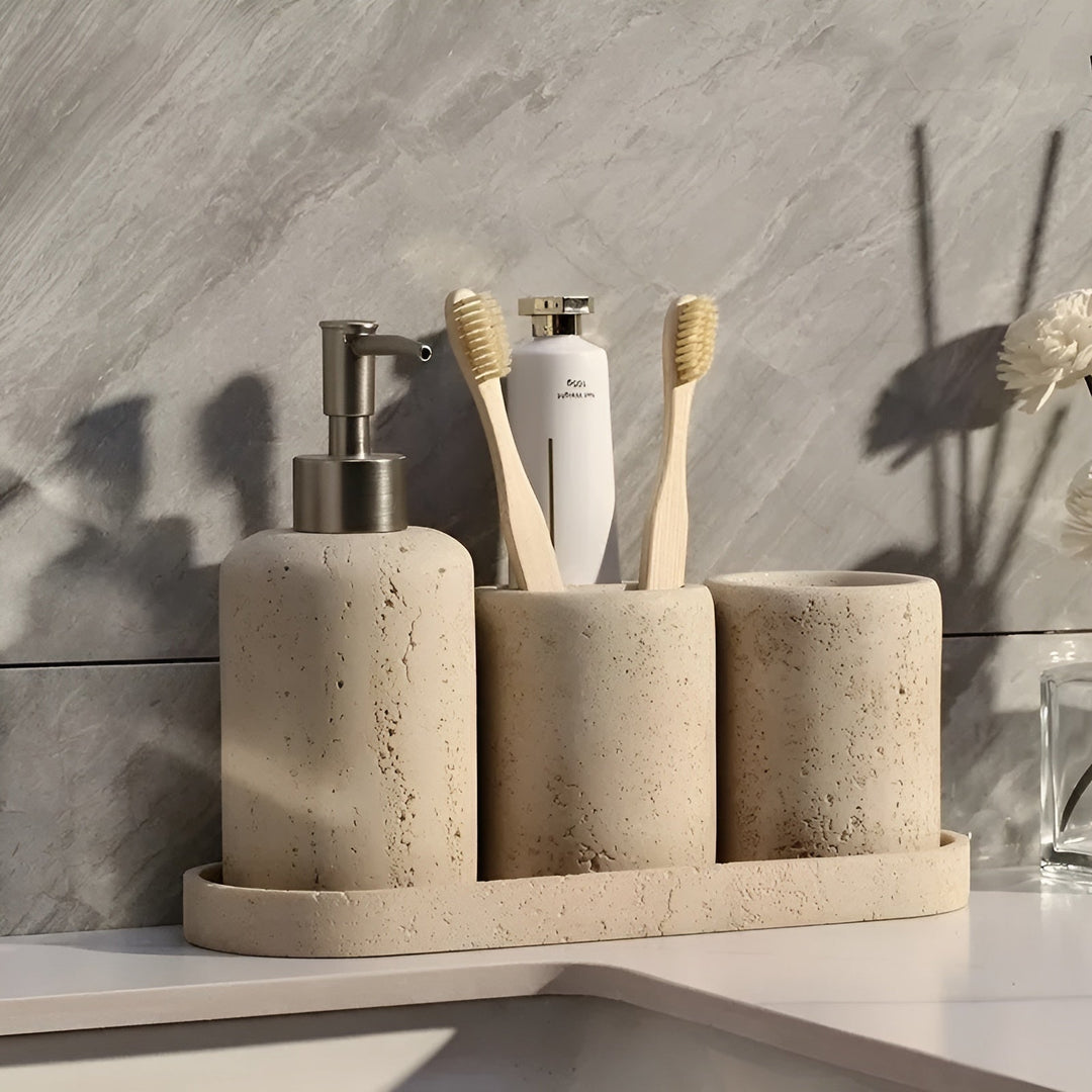 Natural stone toothbrush holder – with soap dispenser and shelf | Elegant bathroom accessories made of travertine | Bowlift