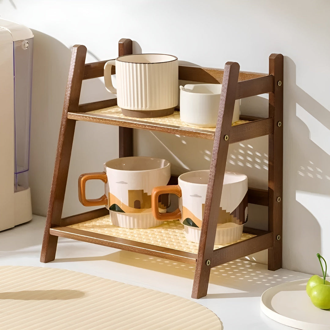 Bamboo imitation kitchen shelf – 2-tier organizer for cups & accessories | Bowlift