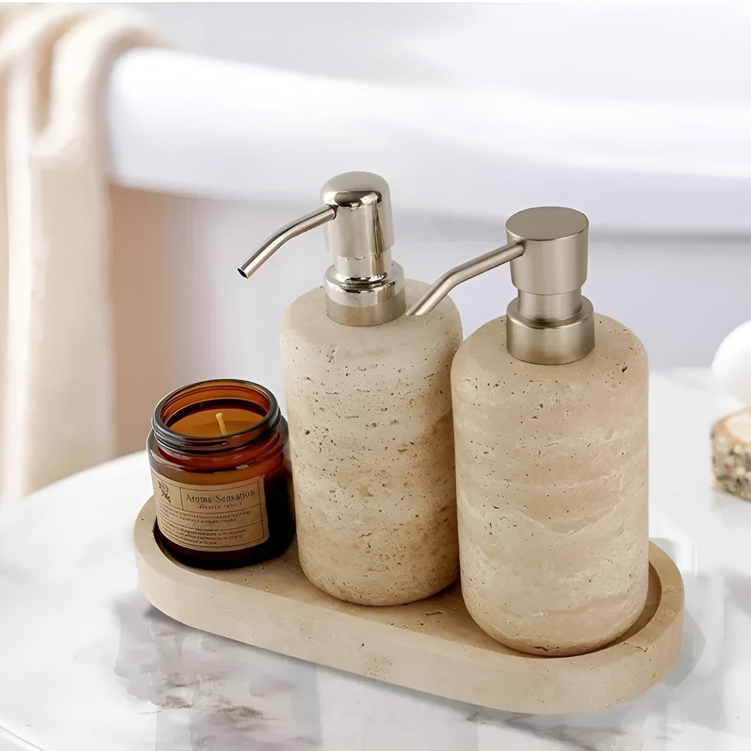 Natural stone toothbrush holder – with soap dispenser and shelf | Elegant bathroom accessories made of travertine | Bowlift