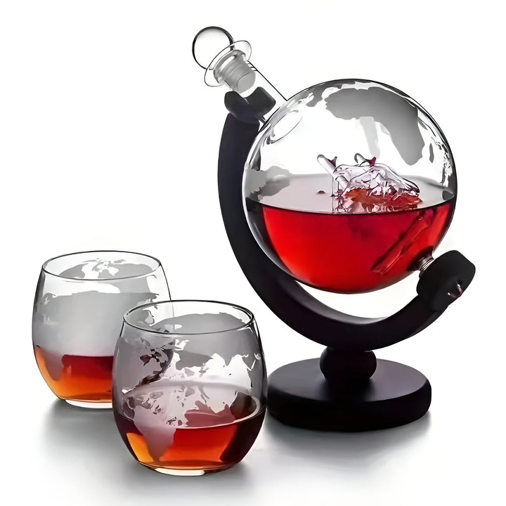 Whisky Decanter Set in Globe Shape – Lead-Free Carafe with Wooden Stand | Includes 2 Whisky Glasses | Bowlift