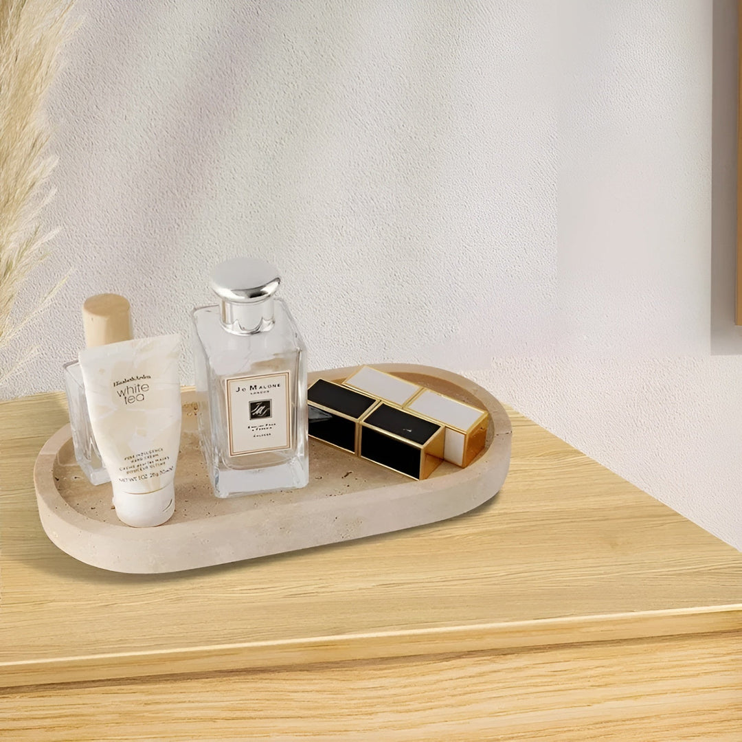 Natural stone toothbrush holder – with soap dispenser and shelf | Elegant bathroom accessories made of travertine | Bowlift