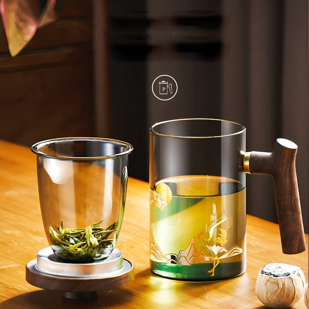 Glass tea cup with wooden handle - Heat resistant & with tea strainer | Ideal for home | Bowlift