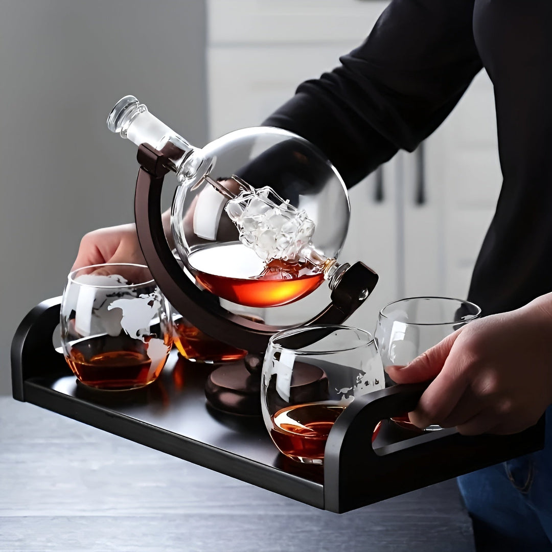 Whisky Decanter Set in Globe Shape – Lead-Free Carafe with Wooden Stand | Includes 2 Whisky Glasses | Bowlift