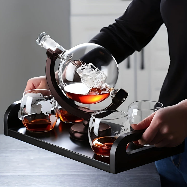 Whisky Decanter Set in Globe Shape – Lead-Free Carafe with Wooden Stand | Includes 2 Whisky Glasses | Bowlift