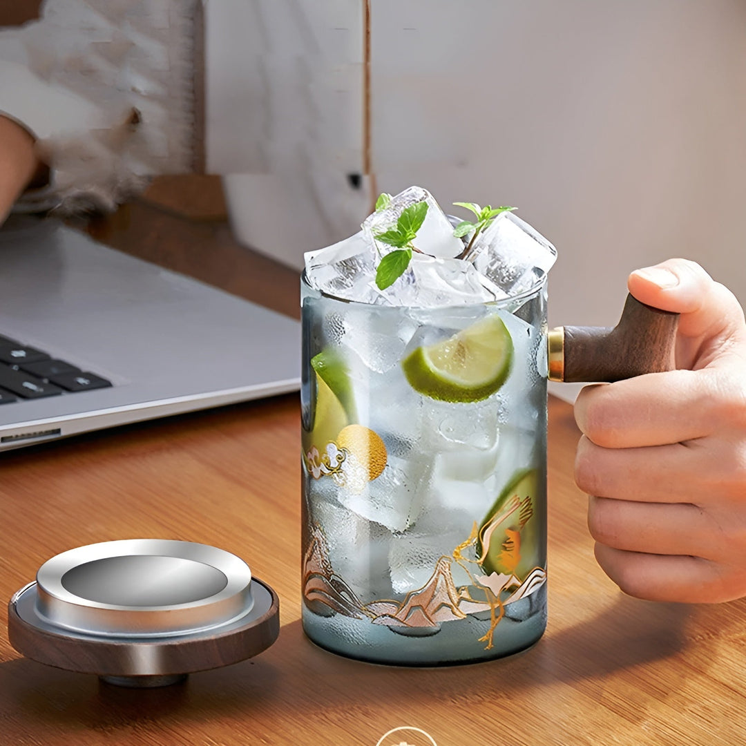 Glass tea cup with wooden handle - Heat resistant & with tea strainer | Ideal for home | Bowlift