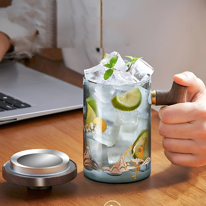 Glass tea cup with wooden handle - Heat resistant & with tea strainer | Ideal for home | Bowlift